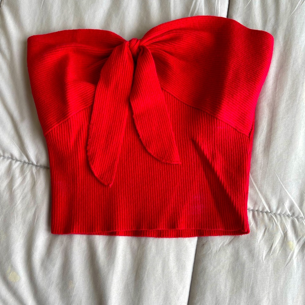 Ribbed Tub Top with Tie in Front Red S